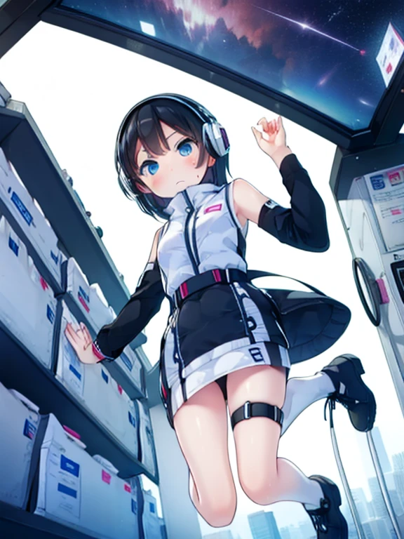 (Highest quality), (masterpiece), 1080P, High resolution, 4K, 8k, Inside the space station、Futuristic room、jumping:1.5,zero gravity,floating,Thigh straps, Shooting from directly below, The woman on top of me, 白いSweat, Covered , Sweat, Woman looking down, Skirt swimsuit, I can see your pants。BREAK black long sleeves,black tights,BREAK thigh-high socks, futuristic boots,headphone,To achieve this, 16 years old, , whole body, Black leather shoes, Braided hair, Inner Color, Embarrassed face, Short black hair, bracelet, Bedroom,white downVest,celestial body_Vest
