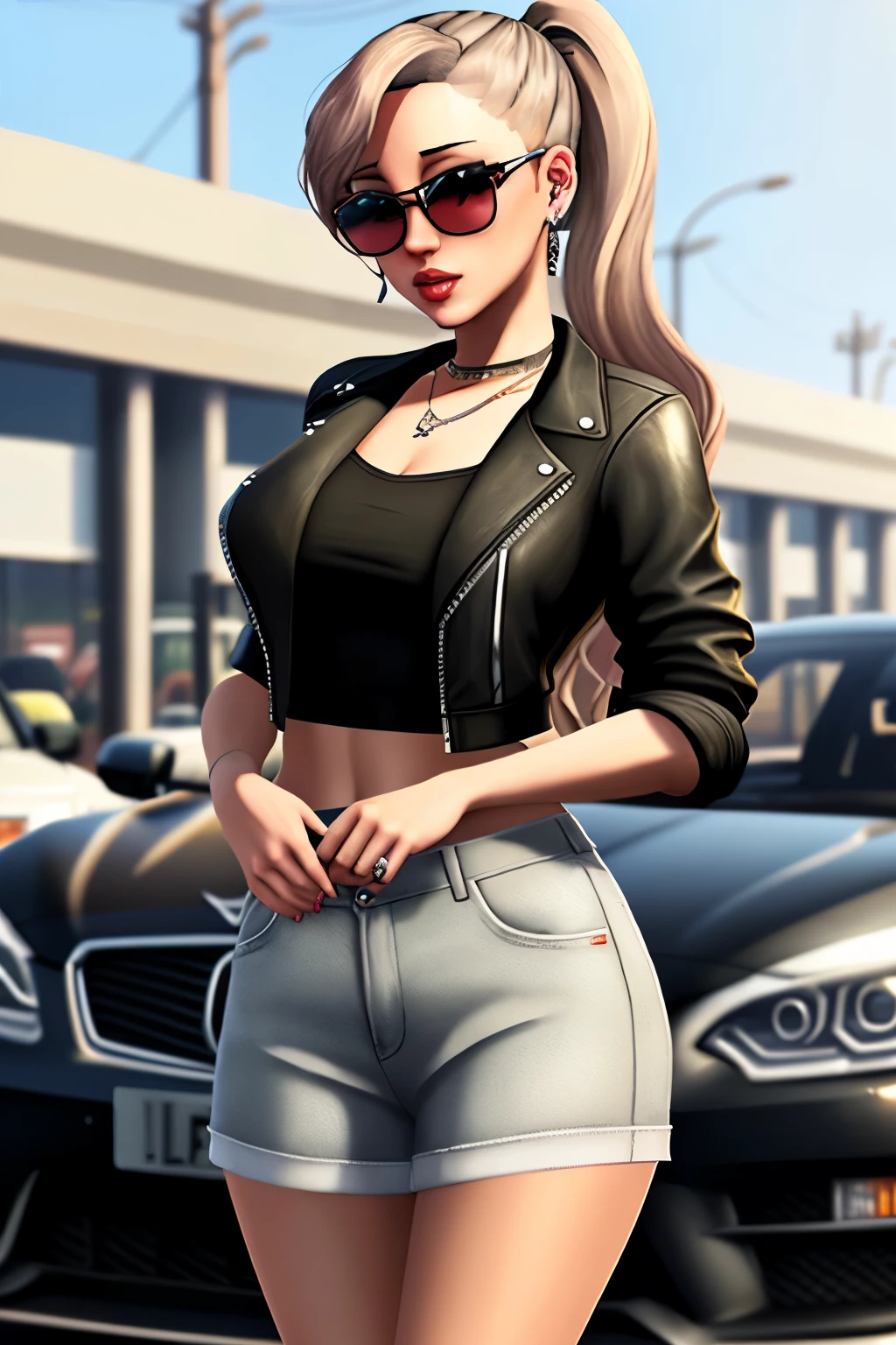 ((melhor qualidader)), ((Trabalho de arte)), (detalhado), Há LNFa mulher na frente de LNF carro in LNF parking, in front of LNFa garage, in LNF parking, no gta v, GTA5 style, Hangar, estilo gta V, estilo de gta v, ariana grande no gta v, tom de pele do gta 5, estilo gta 6, GTA 5, GTA5, parado in LNF parking, LNF