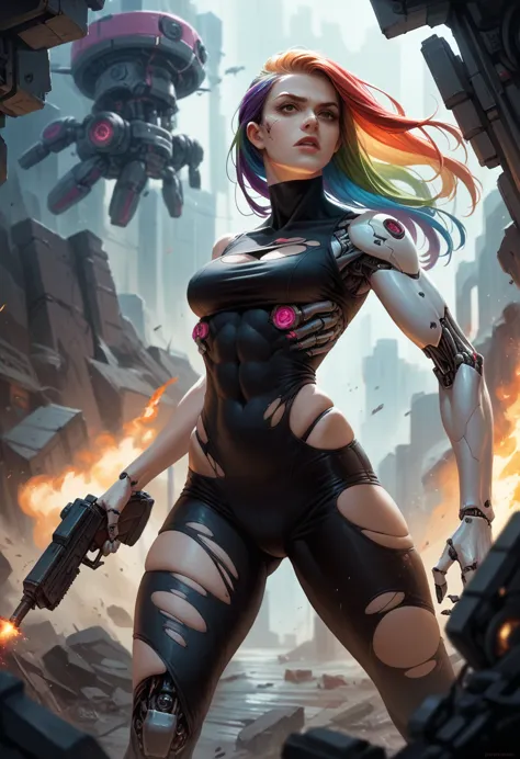 beautiful woman, rainbow hair, perfect body, big , ((cyborg))), torn clothes, firing a machine gun