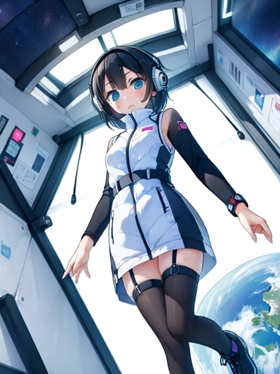 (Highest quality), (masterpiece), 1080P, High resolution, 4K, 8k, Inside the space station、Futuristic room、jumping:1.5,zero gravity,floating,Thigh straps, Shooting from directly below, The woman on top of me, 白いSweat, Covered , Sweat, Woman looking down, Skirt swimsuit, I can see your pants。BREAK black long sleeves,black tights,BREAK thigh-high socks, futuristic boots,headphone,To achieve this, 16 years old, , whole body, Black leather shoes, Braided hair, Inner Color, Embarrassed face, Short black hair, bracelet, Bedroom,white downVest,celestial body_Vest
