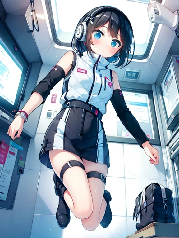 (Highest quality), (masterpiece), 1080P, High resolution, 4K, 8k, Inside the space station、Futuristic room、jumping:1.5,zero gravity,floating,Thigh straps, Shooting from directly below, The woman on top of me, 白いSweat, Covered , Sweat, Woman looking down, Skirt swimsuit, I can see your pants。BREAK black long sleeves,black tights,BREAK thigh-high socks, futuristic boots,headphone,To achieve this, 16 years old, , whole body, Black leather shoes, Braided hair, Inner Color, Embarrassed face, Short black hair, bracelet, Bedroom,white downVest,celestial body_Vest
