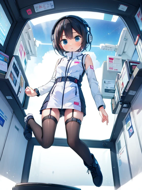 (Highest quality), (masterpiece), 1080P, High resolution, 4K, 8k, Inside the space station、Futuristic room、jumping:1.5,zero gravity,floating,Thigh straps, Shooting from directly below, The woman on top of me, 白いSweat, Covered , Sweat, Woman looking down, Skirt swimsuit, I can see your pants。BREAK black long sleeves,black tights,BREAK thigh-high socks, futuristic boots,headphone,To achieve this, 16 years old, , whole body, Black leather shoes, Braided hair, Inner Color, Embarrassed face, Short black hair, bracelet, Bedroom,white downVest,celestial body_Vest
