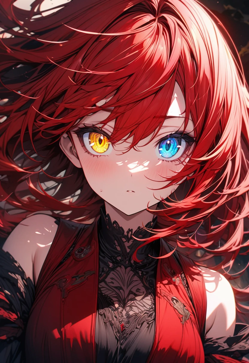 anime girl, bright red hair, heterochromia (blue and yellow eye), black shirt, red vest, ultra detailed, ultra detailed eyes,  beautiful. full and ultra detailed body 