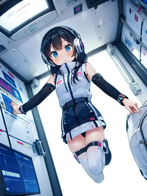 (Highest quality), (masterpiece), 1080P, High resolution, 4K, 8k, Inside the space station、Futuristic room、jumping:1.5,zero gravity,floating,Thigh straps, Shooting from directly below, The woman on top of me, 白いSweat, Covered , Sweat, Woman looking down, Skirt swimsuit, I can see your pants。BREAK black long sleeves,black tights,BREAK thigh-high socks, futuristic boots,headphone,To achieve this, 16 years old, , whole body, Black leather shoes, Braided hair, Inner Color, Embarrassed face, Short black hair, bracelet, Bedroom,white downVest,celestial body_Vest
