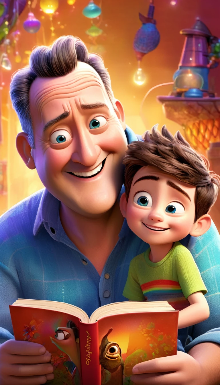 (wide amgle:1.2),(bright and vibrant colors), (highres), (realistic:1.37), Disney Pixar Movie poster, (art by Kevin James), skinny, no muscle, (55 years old man and his son),father and son, (beautiful detailed eyes:1.1), (beautiful detailed lips:1.1), smiling with a warm expression, (charming appearance:1.1), (professional lighting), (ultra-fine rendering), upper body shot, (expressive facial features:1.1), reading a book to the son, (reading intently:1.1), surrounded by magical elements representing different Pixar movies, (dynamic composition), (whimsical details), (playful characters), vibrant background, filled with color and joy, (3D render), (fantastical art style), (nostalgic aesthetic), (attention to detail:1.1).
