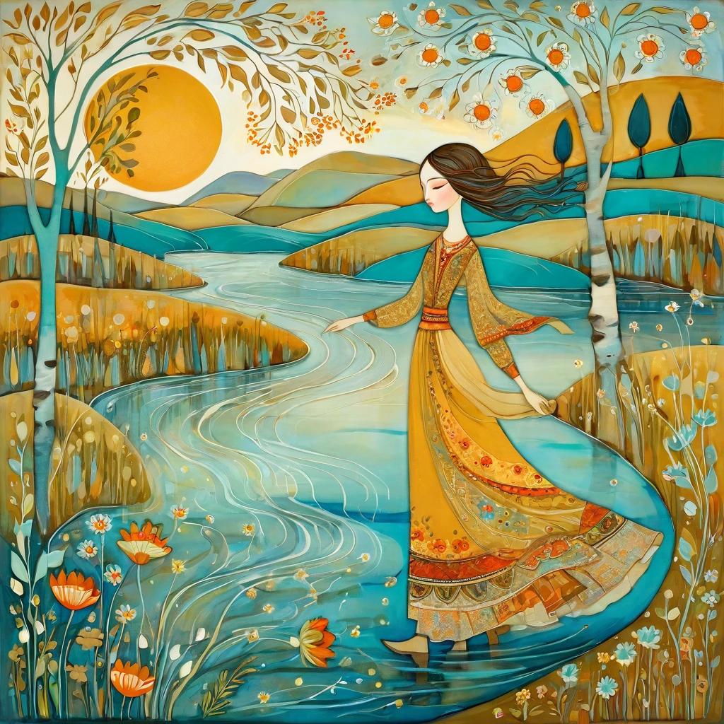 Not style by Albena Vatcheva. stylized figures. Ethereal woman, wearing a wide skirt with flower and leaf motifs, walks on the waters of a river, on the banks of the river turquoise cats walk. In the background a mustard-colored sun, rolling hills, Birch trees, poppy flowers and dandelions blooming.