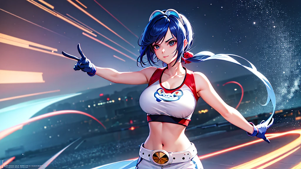 (at night), alone, in a video game scene a background of a beautiful city during the day raining, standing at attention, semi-short blue hair, anime frog face blouse, white flared pants, wears blue exercise gloves, has round glasses on her head, WEARS a RED scarf around her neck, huge belt with big round evilla, ((blue hair)), 1 girl, alone, 20 years old, young woman, perfect hands, beautiful and perfect fingers, long legs beautiful, perfect legs, beautiful body, beautiful nose, beautiful character design, perfect face, look at the viewer with serious gesture and in attack position (focusing on his face), closed mouth, Light_Smile, official art, CG unity wallpaper Extremely detailed 8k, perfect lighting, bright and colorful front lighting, glowing skin (masterpiece: 1.0), (best_quality: 1.0), ultra-high resolution, 4K, ultra-detailed photography, 8K, HDR, high resolution, nonsense: 1.2, Kodak portra 400, film grain, blurred background, bokeh: 1.2, lens flare, (vibrant_color:1.2), professional photography, (beautiful_face: 1.5), (narrow waist),
