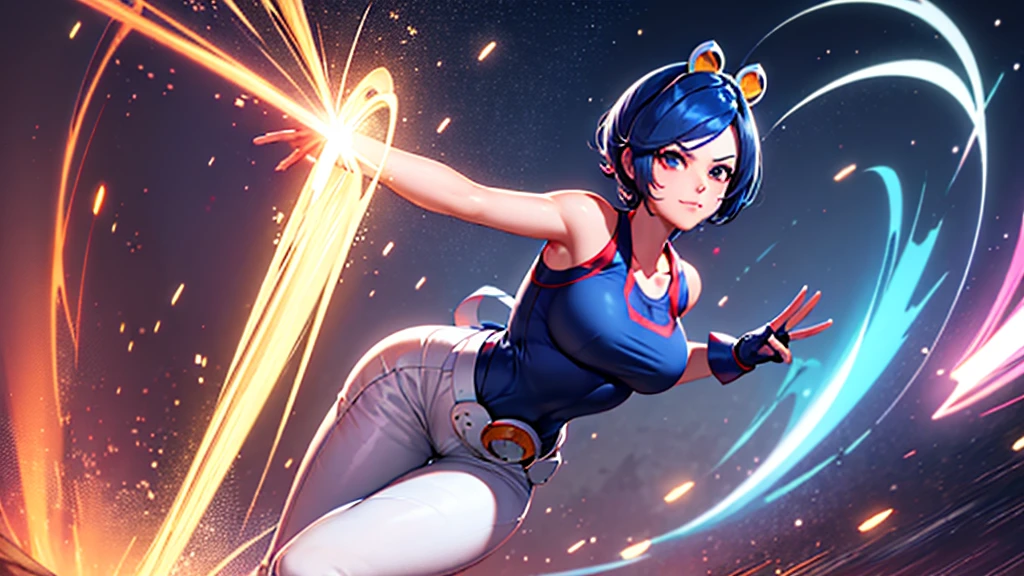 (at night), alone, in a video game scene a background of a beautiful city during the day raining, standing at attention, semi-short blue hair, anime frog face blouse, white flared pants, wears blue exercise gloves, has round glasses on her head, WEARS a RED scarf around her neck, huge belt with big round evilla, ((blue hair)), 1 girl, alone, 20 years old, young woman, perfect hands, beautiful and perfect fingers, long legs beautiful, perfect legs, beautiful body, beautiful nose, beautiful character design, perfect face, look at the viewer with serious gesture and in attack position (focusing on his face), closed mouth, Light_Smile, official art, CG unity wallpaper Extremely detailed 8k, perfect lighting, bright and colorful front lighting, glowing skin (masterpiece: 1.0), (best_quality: 1.0), ultra-high resolution, 4K, ultra-detailed photography, 8K, HDR, high resolution, nonsense: 1.2, Kodak portra 400, film grain, blurred background, bokeh: 1.2, lens flare, (vibrant_color:1.2), professional photography, (beautiful_face: 1.5), (narrow waist),
