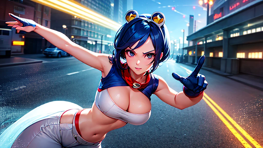 (at night), alone, in a video game scene a background of a beautiful city during the day raining, standing at attention, semi-short blue hair, anime frog face blouse, white flared pants, wears blue exercise gloves, has round glasses on her head, WEARS a RED scarf around her neck, huge belt with big round evilla, ((blue hair)), 1 girl, alone, 20 years old, young woman, perfect hands, beautiful and perfect fingers, long legs beautiful, perfect legs, beautiful body, beautiful nose, beautiful character design, perfect face, look at the viewer with serious gesture and in attack position (focusing on his face), closed mouth, Light_Smile, official art, CG unity wallpaper Extremely detailed 8k, perfect lighting, bright and colorful front lighting, glowing skin (masterpiece: 1.0), (best_quality: 1.0), ultra-high resolution, 4K, ultra-detailed photography, 8K, HDR, high resolution, nonsense: 1.2, Kodak portra 400, film grain, blurred background, bokeh: 1.2, lens flare, (vibrant_color:1.2), professional photography, (beautiful_face: 1.5), (narrow waist),
