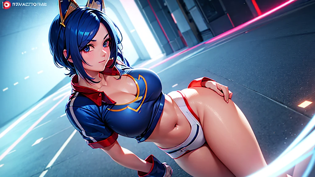 (at night), alone, in a video game scene a background of a beautiful city during the day raining, standing at attention, semi-short blue hair, anime frog face blouse, white flared pants, wears blue exercise gloves, has round glasses on her head, WEARS a RED scarf around her neck, huge belt with big round evilla, ((blue hair)), 1 girl, alone, 20 years old, young woman, perfect hands, beautiful and perfect fingers, long legs beautiful, perfect legs, beautiful body, beautiful nose, beautiful character design, perfect face, look at the viewer with serious gesture and in attack position (focusing on his face), closed mouth, Light_Smile, official art, CG unity wallpaper Extremely detailed 8k, perfect lighting, bright and colorful front lighting, glowing skin (masterpiece: 1.0), (best_quality: 1.0), ultra-high resolution, 4K, ultra-detailed photography, 8K, HDR, high resolution, nonsense: 1.2, Kodak portra 400, film grain, blurred background, bokeh: 1.2, lens flare, (vibrant_color:1.2), professional photography, (beautiful_face: 1.5), (narrow waist),
