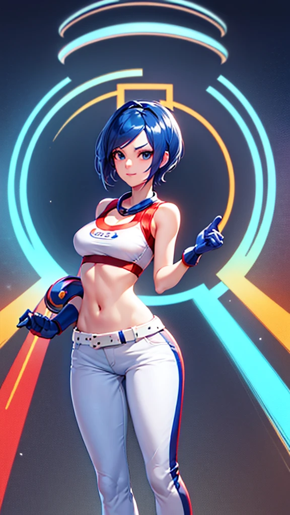 (at night), alone, in a video game scene a background of a beautiful city during the day raining, standing at attention, semi-short blue hair, anime frog face blouse, white flared pants, wears blue exercise gloves, has round glasses on her head, WEARS a RED scarf around her neck, huge belt with big round evilla, ((blue hair)), 1 girl, alone, 20 years old, young woman, perfect hands, beautiful and perfect fingers, long legs beautiful, perfect legs, beautiful body, beautiful nose, beautiful character design, perfect face, look at the viewer with serious gesture and in attack position (focusing on his face), closed mouth, Light_Smile, official art, CG unity wallpaper Extremely detailed 8k, perfect lighting, bright and colorful front lighting, glowing skin (masterpiece: 1.0), (best_quality: 1.0), ultra-high resolution, 4K, ultra-detailed photography, 8K, HDR, high resolution, nonsense: 1.2, Kodak portra 400, film grain, blurred background, bokeh: 1.2, lens flare, (vibrant_color:1.2), professional photography, (beautiful_face: 1.5), (narrow waist),
