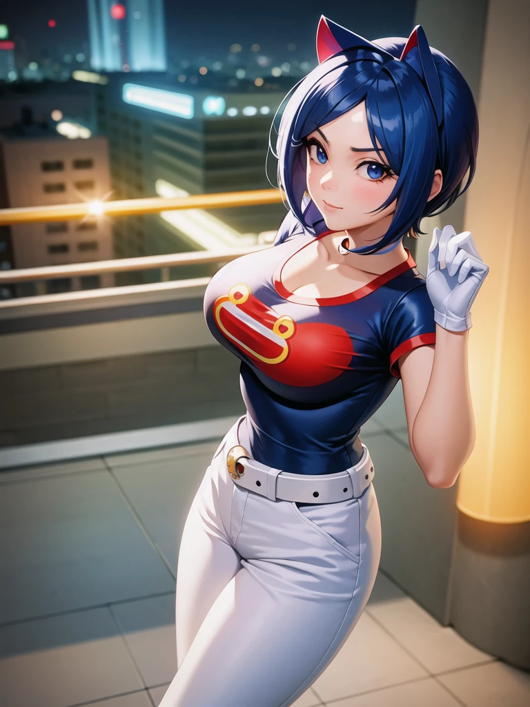 (at night), alone, in a video game scene a background of a beautiful city during the day raining, standing at attention, semi-short blue hair, anime frog face blouse, white flared pants, wears blue exercise gloves, has round glasses on her head, WEARS a RED scarf around her neck, huge belt with big round evilla, ((blue hair)), 1 girl, alone, 20 years old, young woman, perfect hands, beautiful and perfect fingers, long legs beautiful, perfect legs, beautiful body, beautiful nose, beautiful character design, perfect face, look at the viewer with serious gesture and in attack position (focusing on his face), closed mouth, Light_Smile, official art, CG unity wallpaper Extremely detailed 8k, perfect lighting, bright and colorful front lighting, glowing skin (masterpiece: 1.0), (best_quality: 1.0), ultra-high resolution, 4K, ultra-detailed photography, 8K, HDR, high resolution, nonsense: 1.2, Kodak portra 400, film grain, blurred background, bokeh: 1.2, lens flare, (vibrant_color:1.2), professional photography, (beautiful_face: 1.5), (narrow waist),
