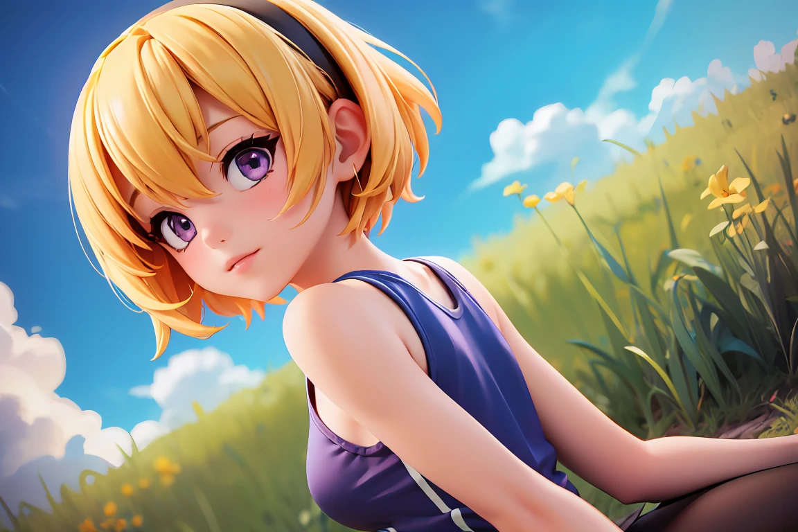 yoga, Satoko Hojo, One Girl, (blonde), Purple eyes, short hair, hair band, Small breasts,  alone, a bit, a bit figure, (Low angle shot), blue sky、Green Grass、Sportswear、yogaマット、Natural light, Attention to detail,
