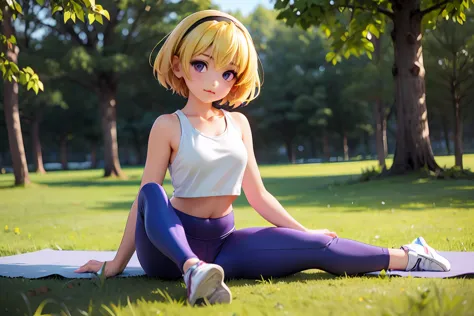 yoga, satoko hojo, one girl, (blonde), purple eyes, short hair, hair band, small breasts,  alone, a bit, a bit figure, blue sky、...