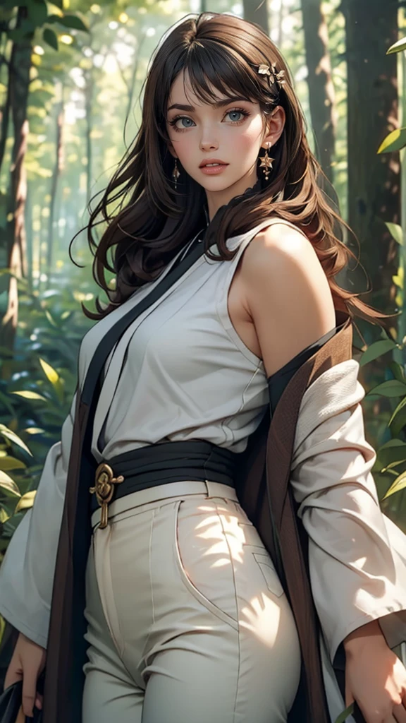 8k, highest quality, masterpiece, Very detailed, Semi-realistic, girl, girl, 20-year-old, Look at your hands, Long dark brown hair with bangs, Curly Hair, Green Eyes, Black Japanese-style cut clothes, White pants, Exposing shoulders, golden details, Thin body type, Cold look, Battle Scenes, Outdoor, Forest Background, Lots of trees and dark skies