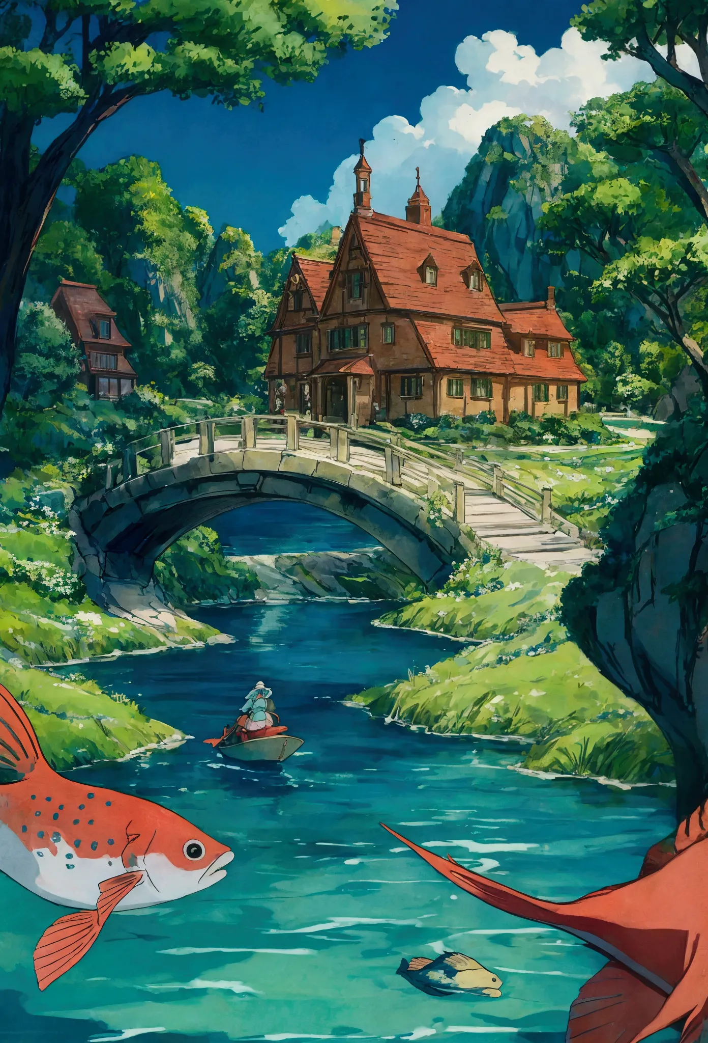 ghibli　in the water　girl riding on a fish surrounded by fish