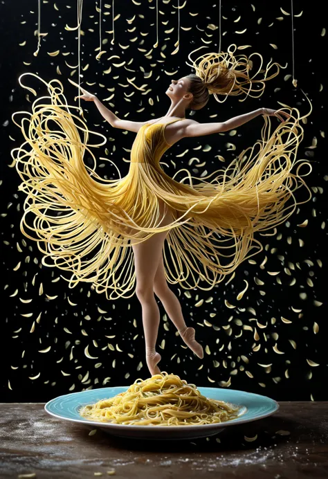 a surrealist dancer, entirely composed of spaghetti, embodies a whimsical and imaginative scene. her body is intricately crafted...