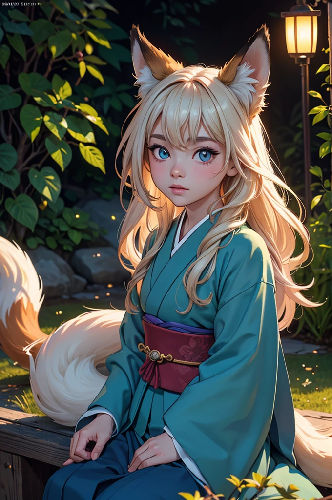 realistic, analog photo, Masterpiece, RAW photo, full-length portrait, hyper realistic, ultra detailed image, Kizune, (mythical Creature of Japanese Mythology And Folklore), detailed portrait of anthropomorphic she-fox, with fox tail, in traditional japan garden, moonlight, little spotlight, fractal, cover, detailed background, depth of field, HOF, hall of fame, detailed beautiful eyes, detailed beautiful face, natural body posture, lifelike skin texture, kodak portra 400, 16k, ultra detailed, bokeh lighting, dark fantasy atmospheric, fantasy aura, film grain, cinematic light, cinematic composition, depth of field, rim light