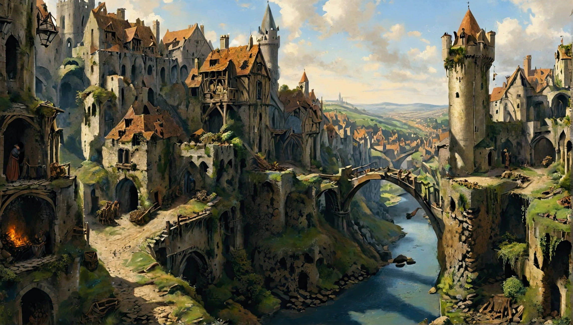 Créez des chefs-d&#39;œuvre dystopiques，Représentez le paysage urbain medieval détruit dans un style artistique conceptuel de jeu réaliste.. L&#39;œuvre d&#39;art doit évoquer un sentiment de désolation et de désespoir medieval . Gardez un œil sur les subtilités des détails, netteté, et une description très détaillée de la ville en ruines. Inspirez-vous des styles artistiques de Alan Lee, Jef Murray. Livrez cette image au format d&#39;affichage vidéo, Montrez la sombre beauté de ce monde en décomposition.