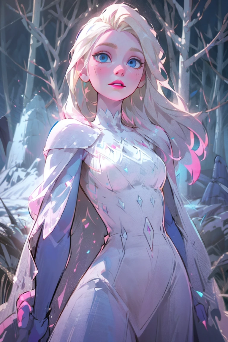 (snow_queen_elsa:1), frozen,  (white dress, white cape, blue details dress, long hair, blonde hair, blue eyes, pink lips, pale skin:1.5),  (loose hair:1.5),  ((blue eyes)), (dress:1), (long dress),  cartoony facial features, large round eyes, (white blonde hair:0.9), (realistic:1.2),  (masterpiece:1.2), (full-body-shot:1),(Cowboy-shot:1.2), snow, snowing, mountain background, light particles, snow forest background, neon lighting, dark romantic lighting, (highly detailed:1.2),(detailed face:1.2), (gradients), colorful, detailed eyes, (detailed landscape:1.2), (natural lighting:1.2),(detailed background),detailed landscape, (dynamic pose:1.2), close shot, solo, 