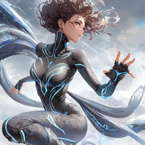 a female character with a sleek, aerodynamic outfit resembling swirling storm clouds, accented with electric blue and dark gray,...