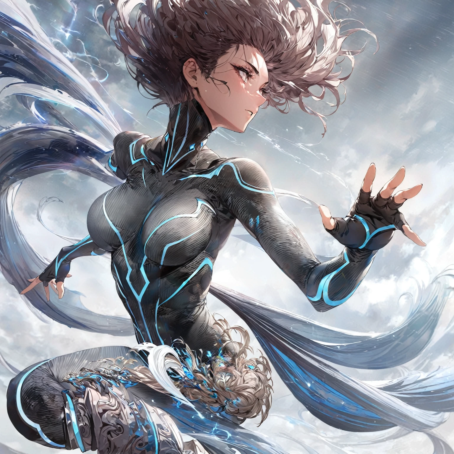 A female character with a sleek, aerodynamic outfit resembling swirling storm clouds, accented with electric blue and dark gray, her bodysuit has swirling patterns suggesting wind currents, a high collar, her gloves and boots are streamlined and pointed for agility, her hair is wild and windswept, and she strikes a dynamic pose as if summoning a tornado, with a simple, stormy sky background, NSFW, (nude:0.9) detailed gorgeous face| anime style| key visual| intricate detail| highly detailed| breathtaking| vibrant| panoramic| cinematic| Carne Griffiths| Conrad Roset| gibbli 8k