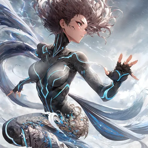 a female character with a sleek, aerodynamic outfit resembling swirling storm clouds, accented with electric blue and dark gray,...