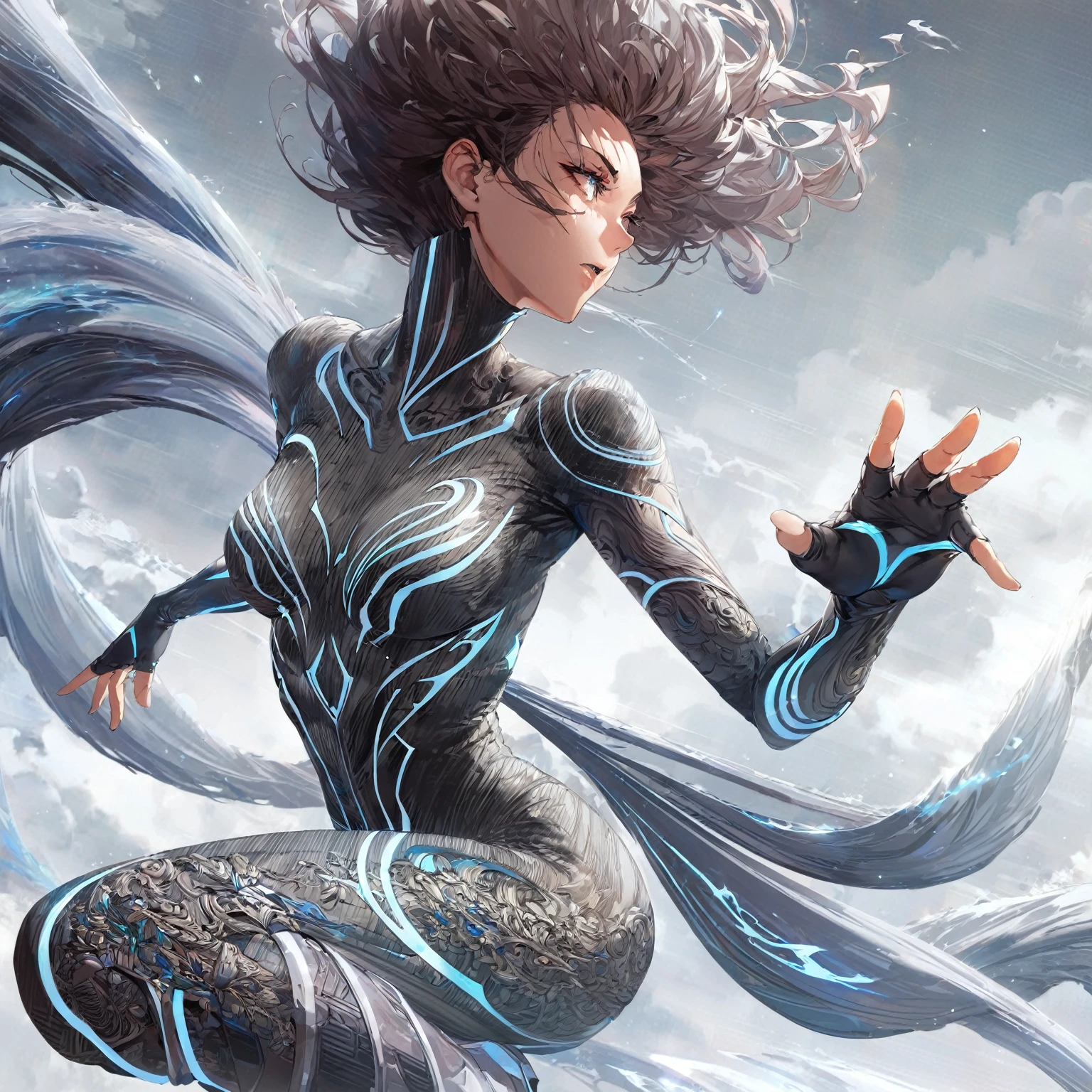 A female character with a sleek, aerodynamic outfit resembling swirling storm clouds, accented with electric blue and dark gray, her bodysuit has swirling patterns suggesting wind currents, a high collar, her gloves and boots are streamlined and pointed for agility, her hair is wild and windswept, and she strikes a dynamic pose as if summoning a tornado, with a simple, stormy sky background, NSFW, (nude:0.9) detailed gorgeous face| anime style| key visual| intricate detail| highly detailed| breathtaking| vibrant| panoramic| cinematic| Carne Griffiths| Conrad Roset| gibbli 8k