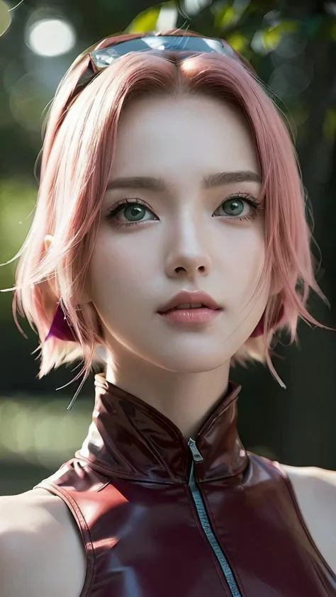 Close-up of a pink-haired woman wearing a leather shirt., Beautiful anime face images, hyper realistic anime, beautiful anime pi...