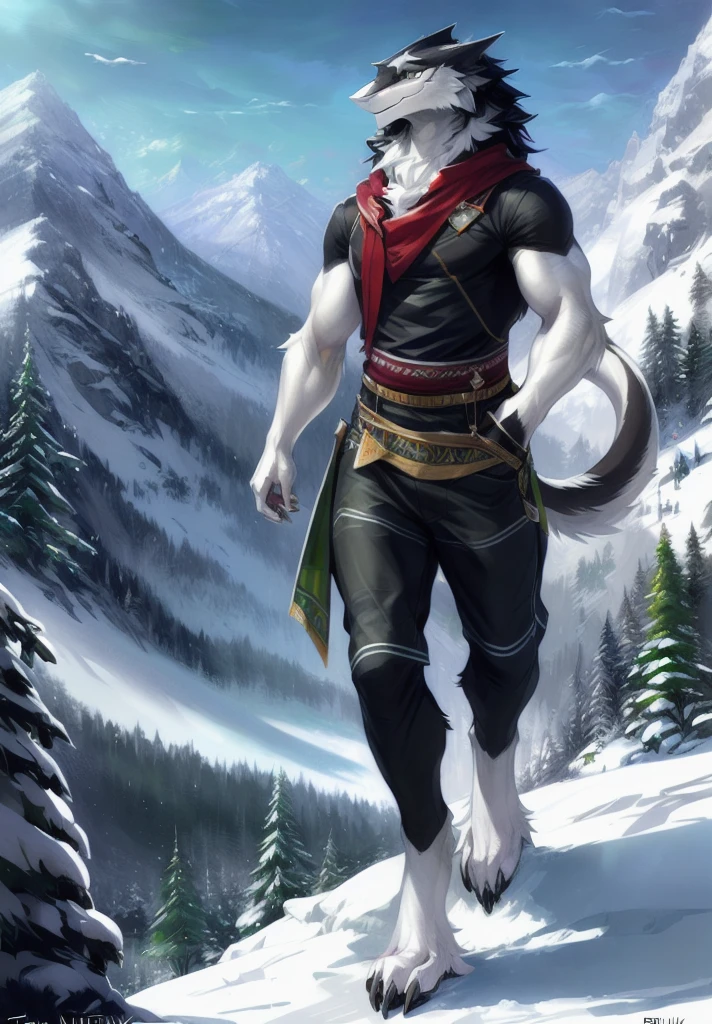 solo, anthro male (sergal:1.1), fluffy, clothed, black:gray:white fur green eyes, full body shot, muscular, ((buff anthro), snow, mountains, ((masterpiece, best quality):1.0), digital sketch, vibrant, dynamic light, ((by pino daeni, greg rutkowski, thomas kinkade):1.0), 