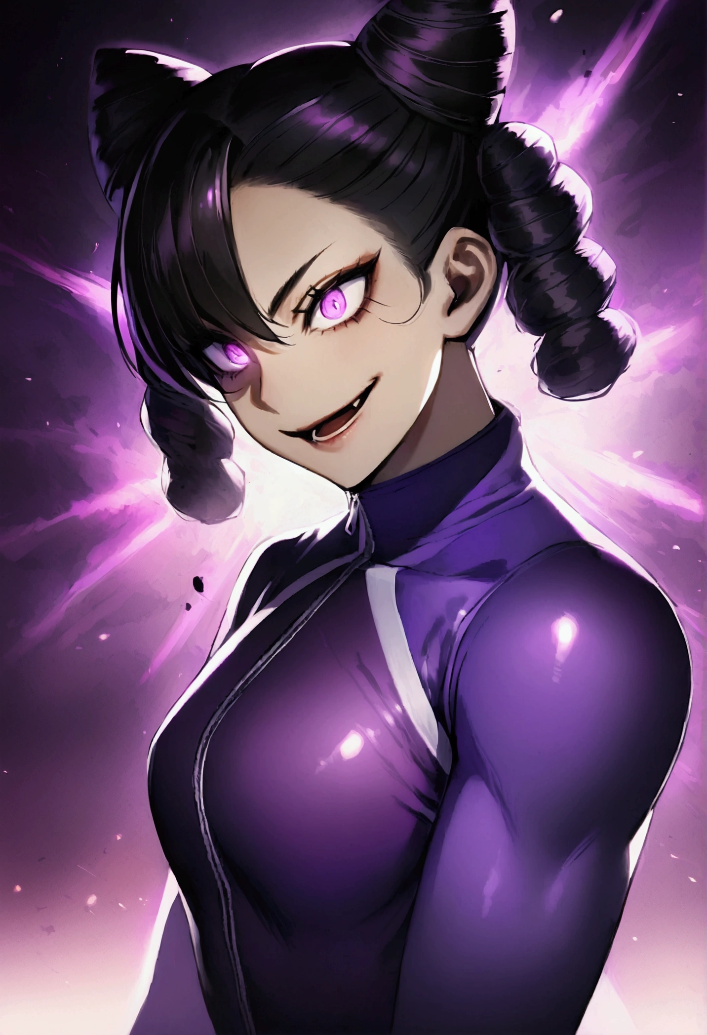 dark eye shadow,shining eyes,beautiful young fitness woman with , in a gym wearing May with black pantyhose, tight white and purple gym jacket. standing alone,hair horns,glowing purple eyes,Evil smile,legging preto ,labiaa,dark eye shadow,shining eyes,close up,open mouth with big evil smile
