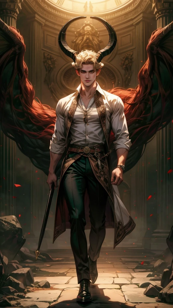 (absurdres, highres, ultra detailed) 1 male, handsome, tall muscular guy, hair (very short hair, curly hair, light hair with a reddish tint), 2 white horns(ram horns, round horns), green eyes, dark light, shadow, background is hell, looking at viewer, solo, (full body), white shirt like a prince, dynamic composition, mystical western demon atmosphere, dark