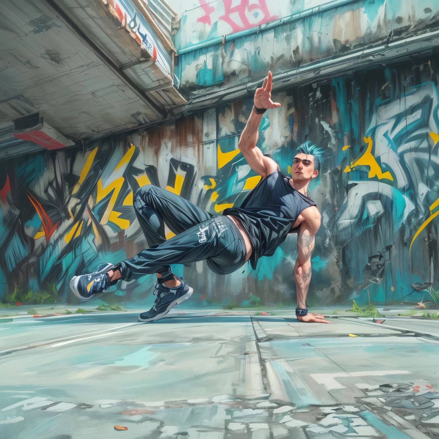 anatómicamente correcto, Hombre arafed haciendo el pino frente a una pared de graffiti, Break dancing, Break dance masculino y femenino, parkour, ángulo y pose épicos, estilo jordan sombrío, pose muy genial, pose muy artística, estilo hip-hop, estilo salvaje, por Ludovit Fulla, en una pose de acción, Estilo Jordan Grimmer, pose realmente genial