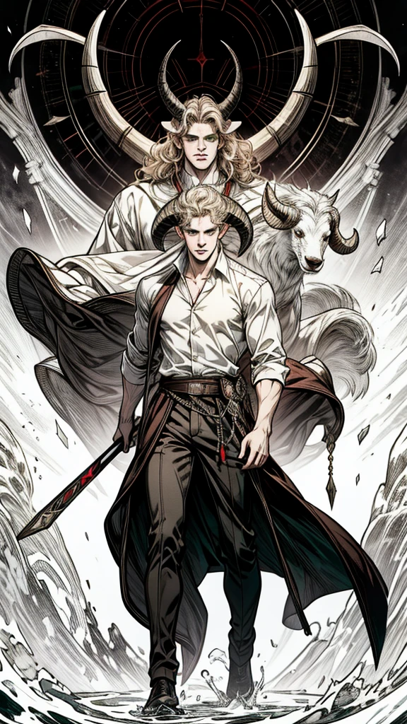 (absurdres, highres, ultra detailed) 1 male, handsome, tall muscular guy, hair (very short hair, curly hair, light hair with a reddish tint), 2 white horns(ram horns, round horns), green eyes, dark light, shadow, background is hell, looking at viewer, solo, (full body), white shirt like a prince, dynamic composition, mystical western demon atmosphere, dark