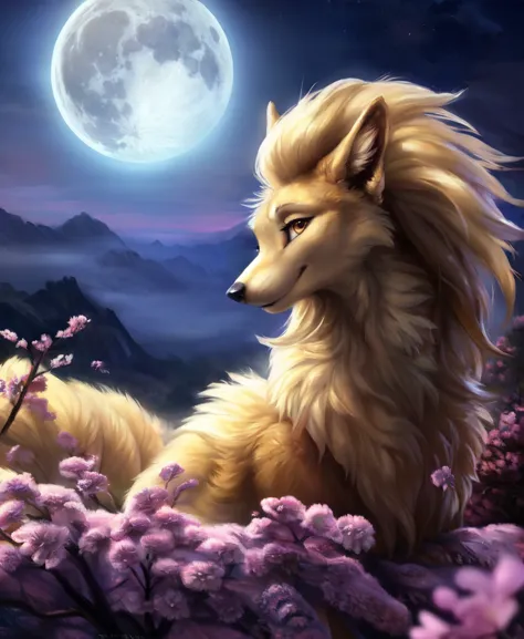 ((solo)) (feral, ninetales), female, looking at viewer, cherry blossom, night, fog, flower, multi tail, full moon,, best quality...