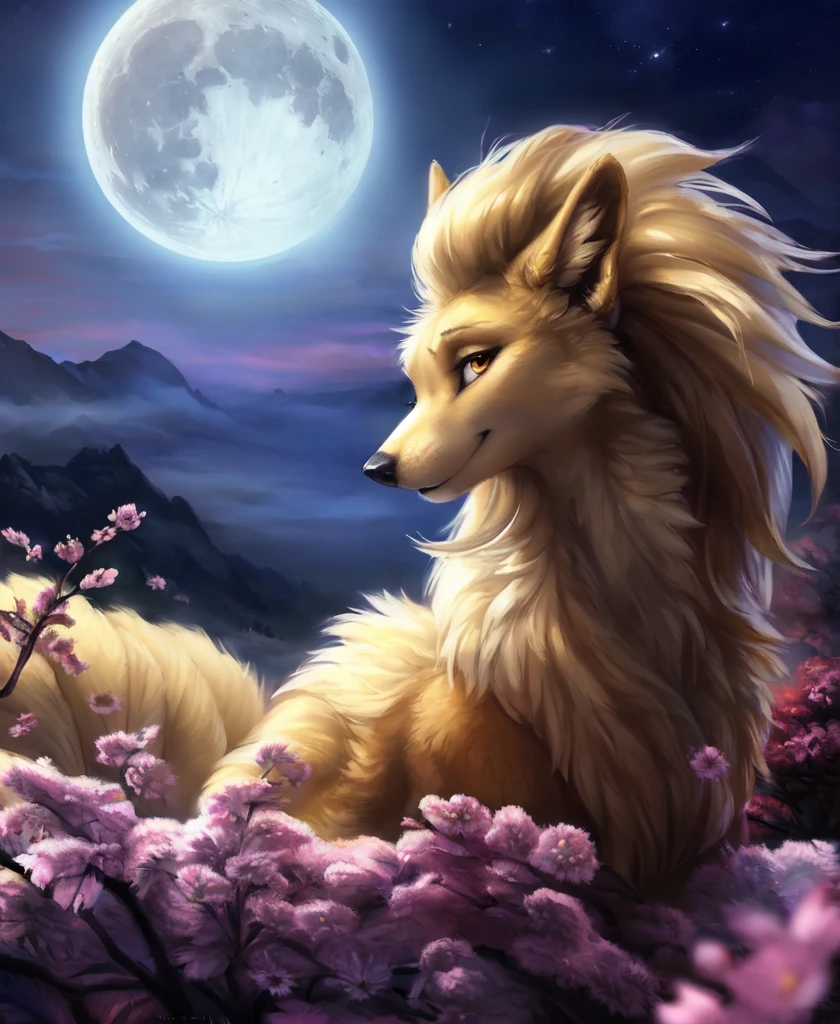 ((solo)) (feral, ninetales), female, looking at viewer, cherry blossom, night, fog, flower, multi tail, full moon,, best quality, shaded, extreme detail, highly detailed, ultradetailed, intricate, realistic, detailed background, hi res, realistic, photography \(artwork\), (by kenket), by ross tran, by michael & inessa garmash, by pino daeni, by isvoc, by kiguri, by alena aenami, by ruan jia, (by zenthetiger, by wolfy-nail), by Enki Bilal, by drmax, photorealism,