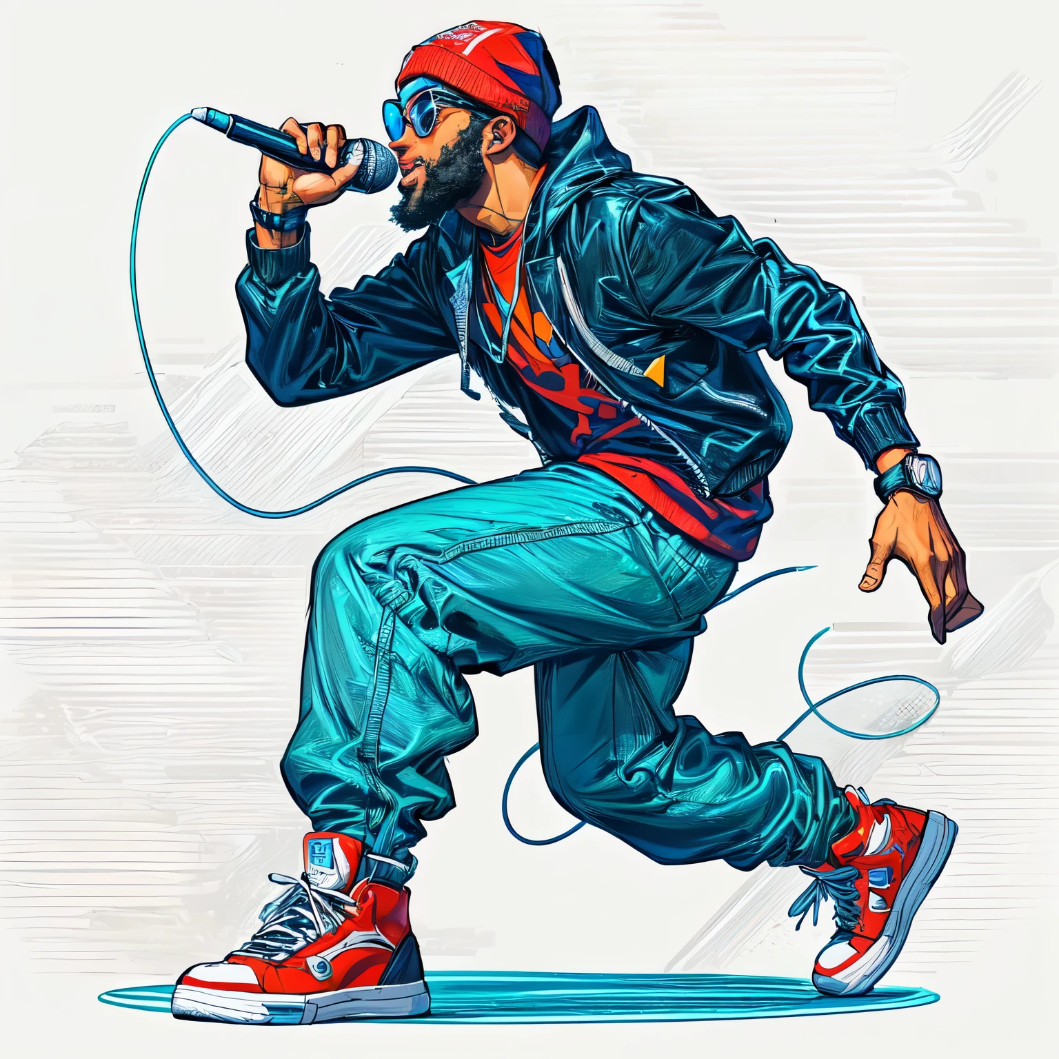 a man in a red hat and blue pants singing in front of a microphone, taps into microphone, taps, hip hop style, high quality artwork, pop punk art style, taps on stage at festival, cartoon style illustration, hip hop music album cover, hip hop urban inspired, hand painted cartoon art style, hip hop, cartoon art style, handsome hip hop young black man, professional artwork