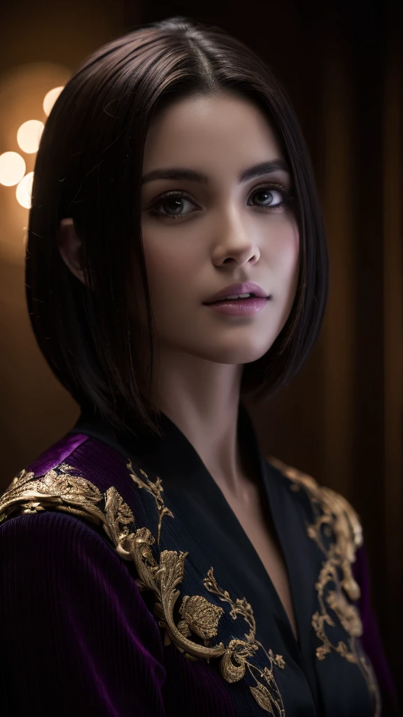 beautiful dark hair with violet highlights, 1girl, detailed face, elegant, dramatic lighting, portrait, cinematic, photorealistic, award winning digital art, 8k, masterpiece, intricate details, chiaroscuro, dramatic shadows, moody atmosphere, deep jewel tones, warm color palette