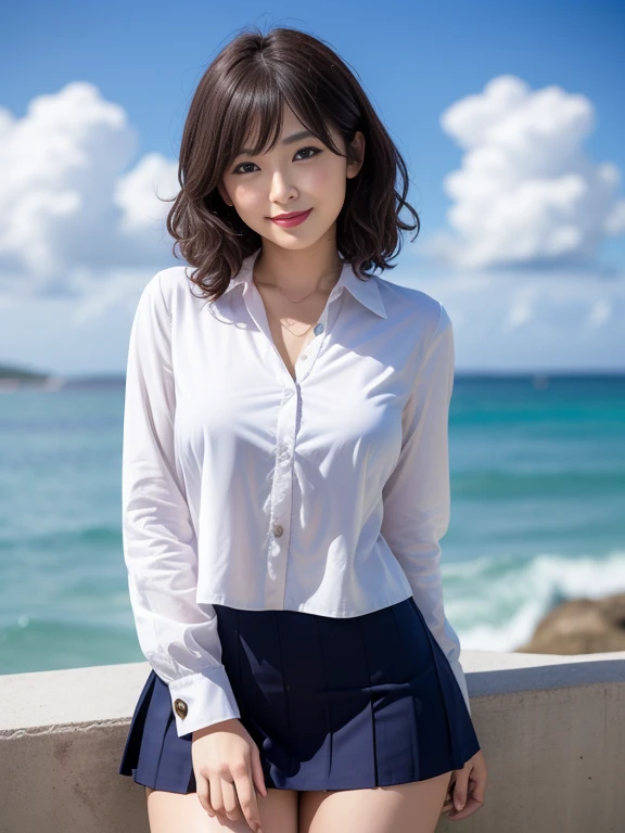 Color background、pubic hair、Large Breasts、Thighs、Red lipstick、(((Glaring)))、Curly Hair、Disheveled Hair、Cute woman、high school girl、White shirt with open chest、Navy frill mini skirt、Ocean、Cloud、smile