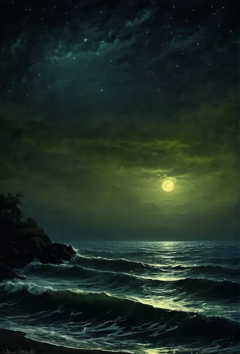 Sea , digital painting, high quality the darkest longest night of the year, style of Ralph Blakelock, Ed Emshwiller, Marianna Ro...