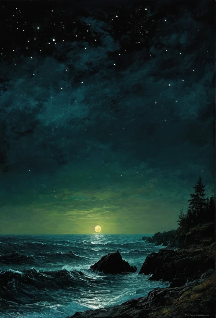 Sea , digital painting, high quality the darkest longest night of the year, style of Ralph Blakelock, Ed Emshwiller, Marianna Rothen, Arthur Rackham, Niko Anttila