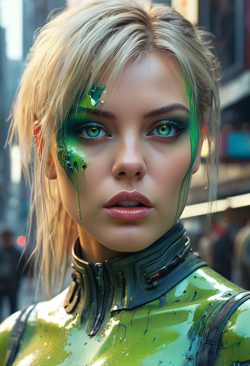 Futuristic beautiful femme fatale, highly detailed green eyes, blonde hair, expressive, futuristic city backdrop, expressive, detailed face, oil painting, heavy strokes, by giger, by jean Baptiste Monge, by Karol Bak, by Carne Griffiths, masterpiece, Unreal Engine 3D; Symbolism, Colourful, Polished, Complex; UHD; D3D; 16K", full color painting, low contrast, soft cinematic light, exposure blend, hdr, front, 8k, professional ominous concept art, an intricate, elegant, highly detailed digital painting, concept art, smooth, sharp focus, illustration, in the style of simon stalenhag, wayne barlowe, and igor kieryluk., Miki Asai Macro photography, close-up, hyper detailed, trending on artstation, sharp focus, studio photo, intricate details, highly detailed, by artgerm and greg rutkowski, trending on artstation, sharp focus, studio photo, intricate details, highly detailed, by greg rutkowski