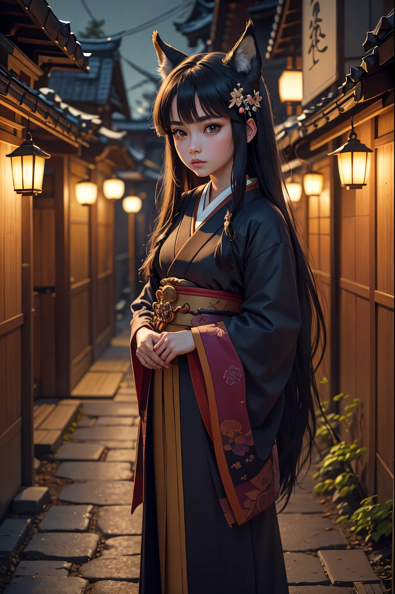 realistic, analog photo, Masterpiece, RAW photo, full-length portrait, hyper realistic, ultra detailed image, Kizune, (mythical Creature of Japanese Mythology And Folklore), detailed portrait of anthropomorphic she-fox, with fox tail, in traditional japan garden, moonlight, little spotlight, fractal, cover, detailed background, depth of field, HOF, hall of fame, detailed beautiful eyes, detailed beautiful face, natural body posture, lifelike skin texture, kodak portra 400, 16k, ultra detailed, bokeh lighting, dark fantasy atmospheric, fantasy aura, film grain, cinematic light, cinematic composition, depth of field, rim light