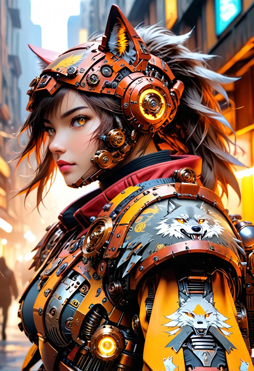 a portrait of a mechanical creature (( mechanical female, anthro wolf: 1.5), ((full body: 1.5)), ((anatomically correct: 1.5)), (ultra detailed face: 1.2), yellow eyes. dynamic fur color, glowing eyes, wearing mech armor, delicate armor, wearing high heeled boots, cyberpunk street background, vibrant, Ultra-high resolution, High Contrast, (masterpiece:1.5), highest quality, Best aesthetics), best details, best quality, highres, 16k, (ultra detailed: 1.5), masterpiece, best quality, (extremely detailed) RAW, (ultra details, Masterpiece, best quality),MechanicusStyleAI, Hyperrealism style