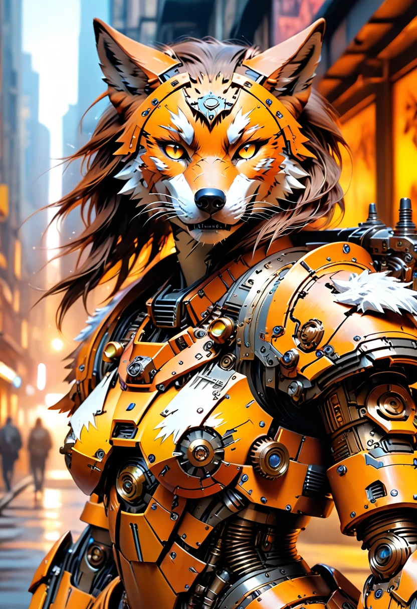 a portrait of a mechanical creature (( mechanical female, anthro wolf: 1.5), ((full body: 1.5)), ((anatomically correct: 1.5)), (ultra detailed face: 1.2), yellow eyes. dynamic fur color, glowing eyes, wearing mech armor, delicate armor, wearing high heeled boots, cyberpunk street background, vibrant, Ultra-high resolution, High Contrast, (masterpiece:1.5), highest quality, Best aesthetics), best details, best quality, highres, 16k, (ultra detailed: 1.5), masterpiece, best quality, (extremely detailed) RAW, (ultra details, Masterpiece, best quality),MechanicusStyleAI, Hyperrealism style