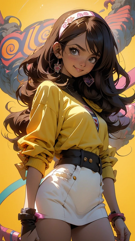 Anime style illustration of a female character with black and brown hair.., smiling on a yellow background. The artwork features bright colors.., Intricate details and sharp focus with high resolution and high level of detail. It has a perfect composition in anime art style with Japanese manga art style... The rendering is of the best quality in the style of Akira Toriyama and Nyo... --AR 21:32