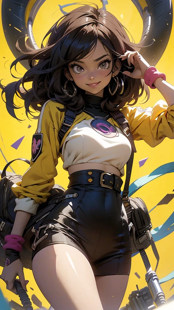 Anime style illustration of a female character with black and brown hair.., smiling on a yellow background. The artwork features bright colors.., Intricate details and sharp focus with high resolution and high level of detail. It has a perfect composition in anime art style with Japanese manga art style... The rendering is of the best quality in the style of Akira Toriyama and Nyo... --AR 21:32