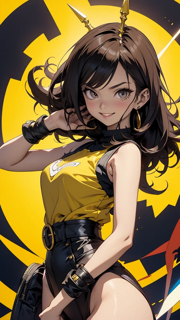 Anime style illustration of a female character with black and brown hair.., smiling on a yellow background. The artwork features bright colors.., Intricate details and sharp focus with high resolution and high level of detail. It has a perfect composition in anime art style with Japanese manga art style... The rendering is of the best quality in the style of Akira Toriyama and Nyo... --AR 21:32