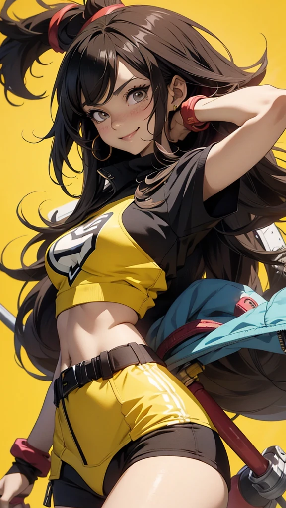 Anime style illustration of a female character with black and brown hair.., smiling on a yellow background. The artwork features bright colors..,  Sharp focus with high resolution and high level of detail. It has a perfect composition in anime art style with Japanese manga art style... The rendering is of the best quality in the style of Akira Toriyama and Nyo... --AR 21:32