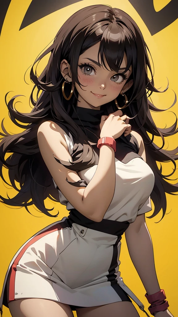 Anime style illustration of a female character with black and brown hair.., smiling on a yellow background. The artwork features bright colors..,  Sharp focus with high resolution and high level of detail. It has a perfect composition in anime art style with Japanese manga art style... The rendering is of the best quality in the style of Akira Toriyama and Nyo... --AR 21:32